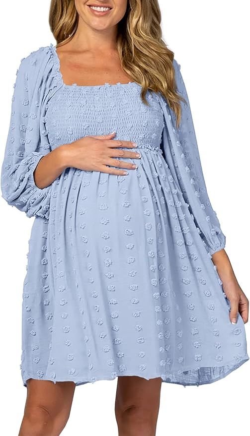 Ofenbuy Women's Long Sleeve Maternity Dress Square Neck Swiss Dot Casual Loose Short Dresses | Amazon (US)