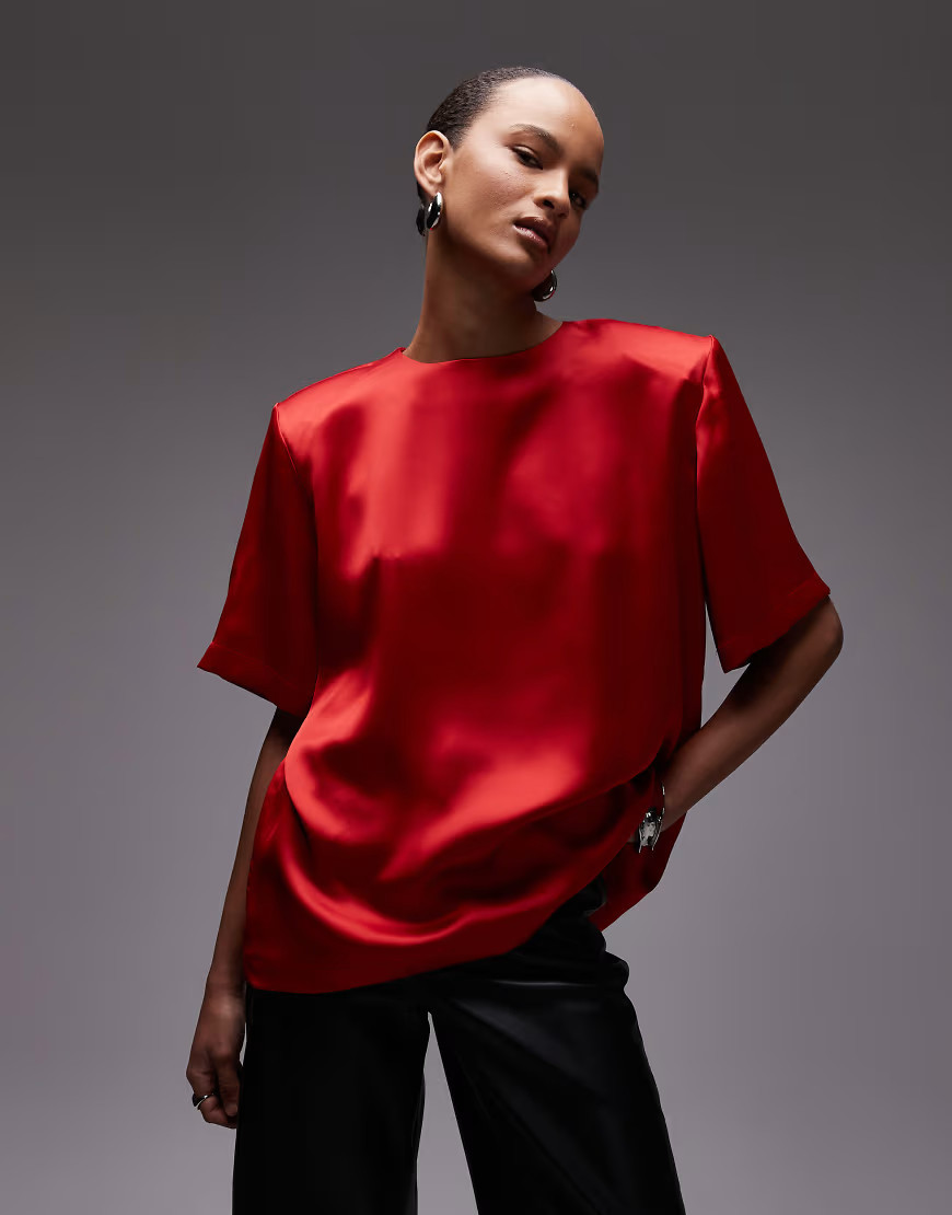 ASOS DESIGN oversized satin t-shirt with shoulder pads in red | ASOS (Global)