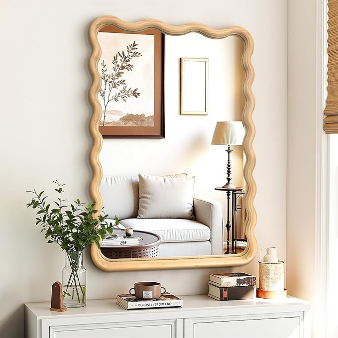 24x36 Wavy Wood Bathroom Vanity Mirror, Boho Wall Mirror with Natural Wood Frame for Over Sink, E... | Amazon (US)