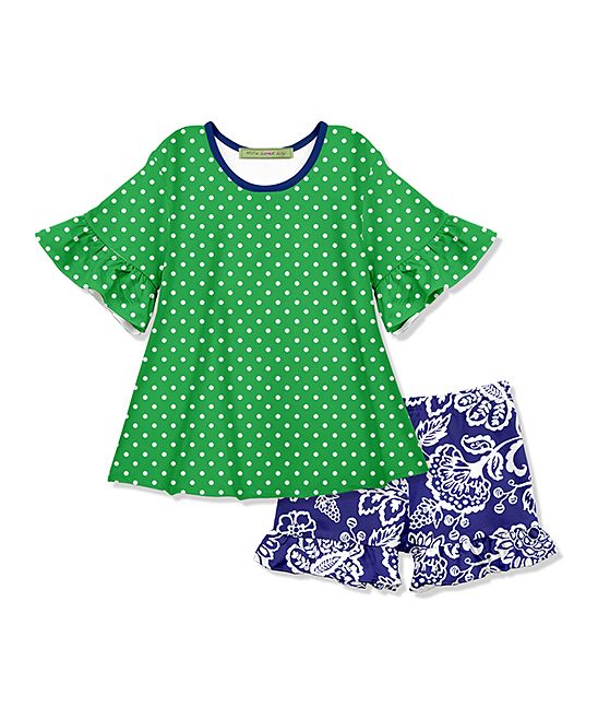 Millie Loves Lily Girls' Casual Shorts - Green Polka Dot Ruffle-Sleeve Top & Blue Floral Shorts - To | Zulily