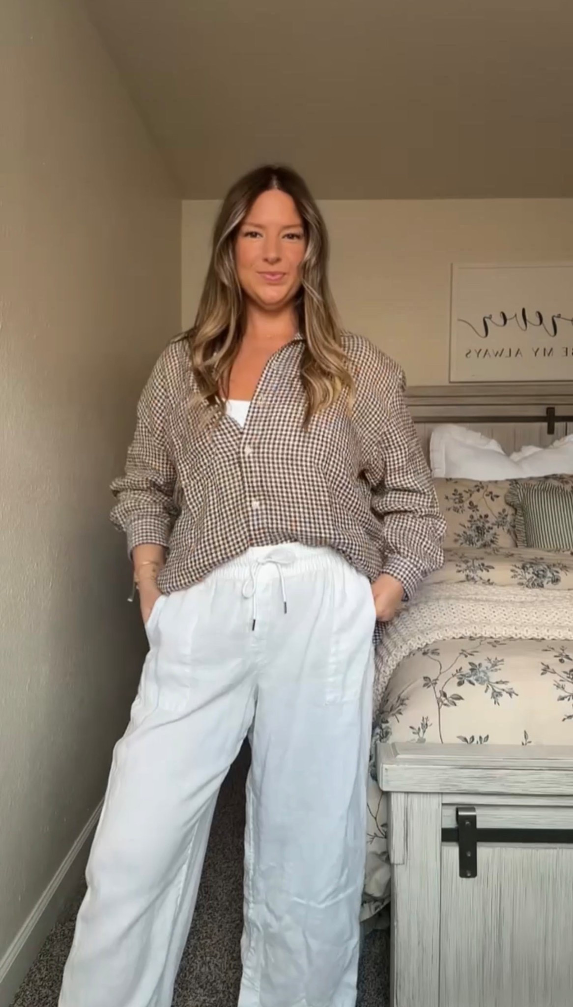 Gingham + linen = YES PLEASE 

Wearing the brown gingham linen top from Gap in an XL and the Athleta retreat linen pants in XL Tall 🤎

#LTKootd #LTKMidsize #LTKSpringSale