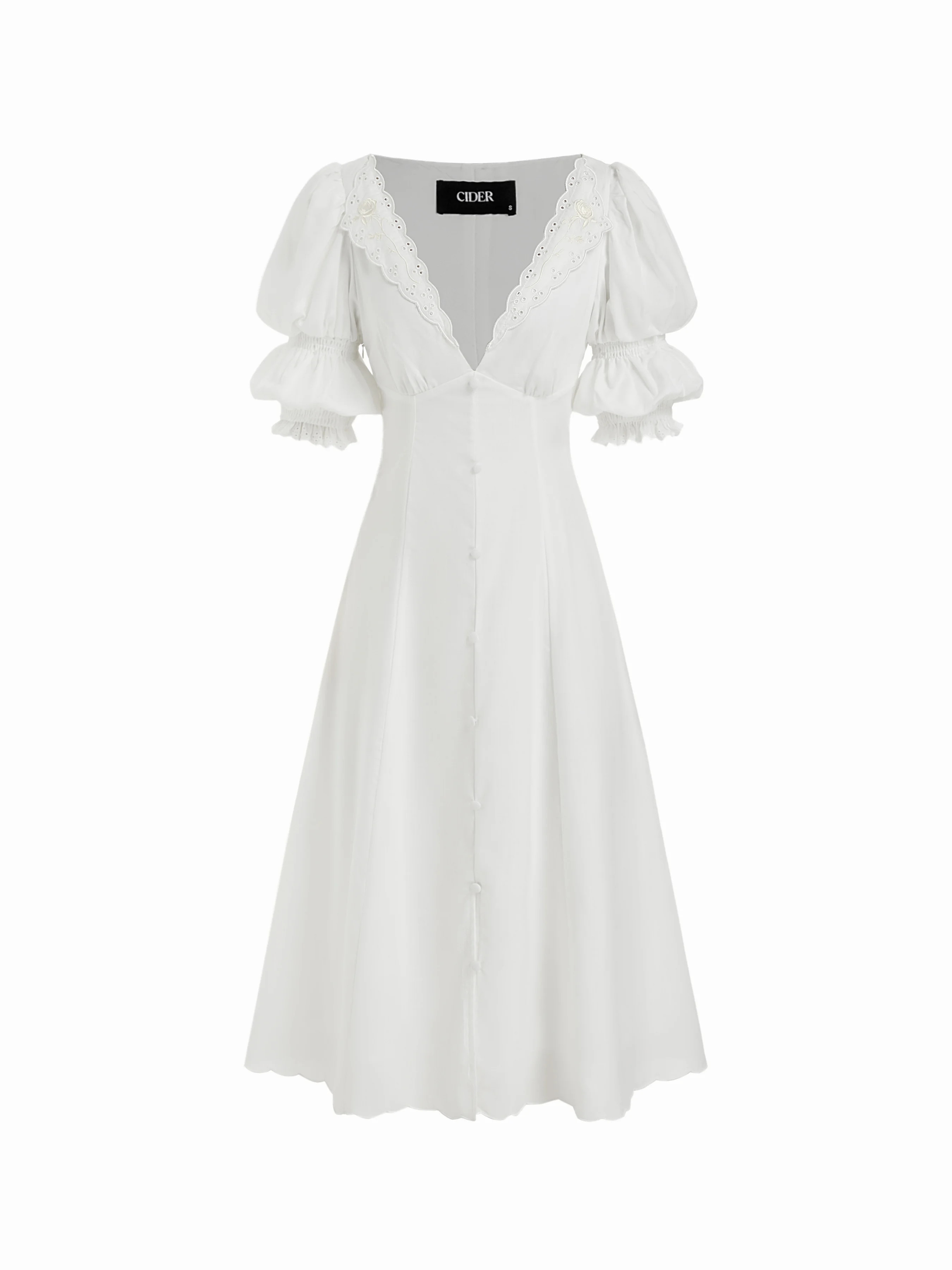 Woven Broderie Anglaise Rose Floral V-neck Puff Sleeve Flared Midi Dress For Date Picnic | Cider