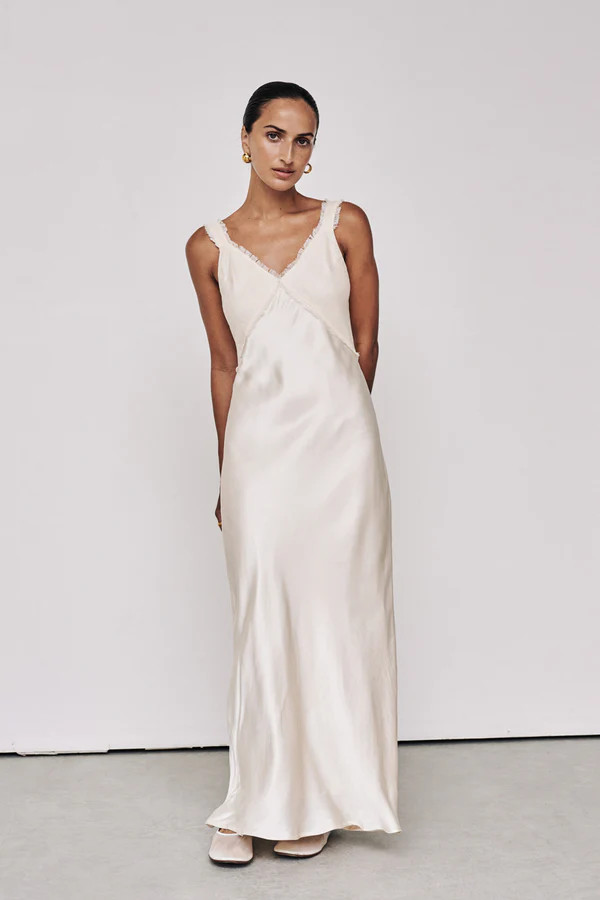 ELIAS CREAM SATIN LINEN MIDI DRESS | DISSH