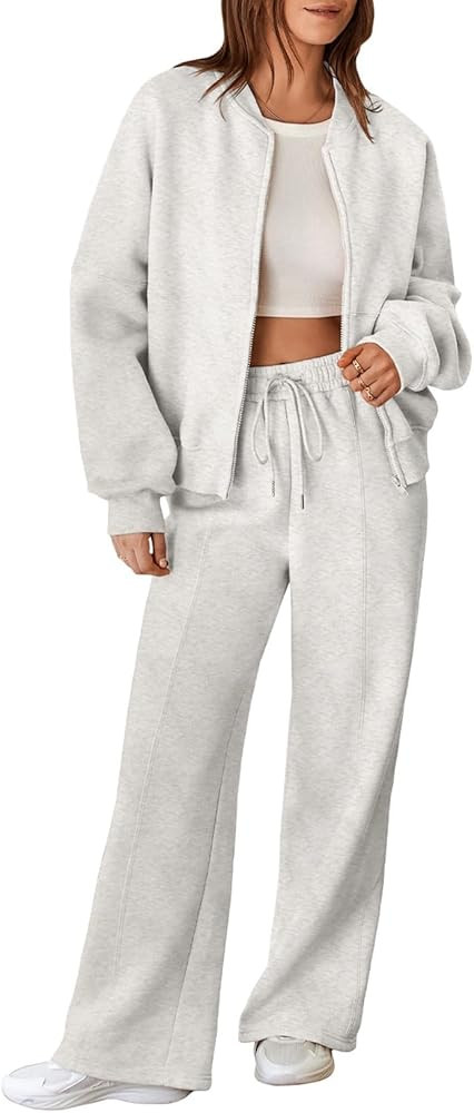 Aleumdr Women's 2 Piece Outfits Oversized Fleece Sweatsuit Zip Up Long Sleeve Sweatshirt with Wid... | Amazon (US)