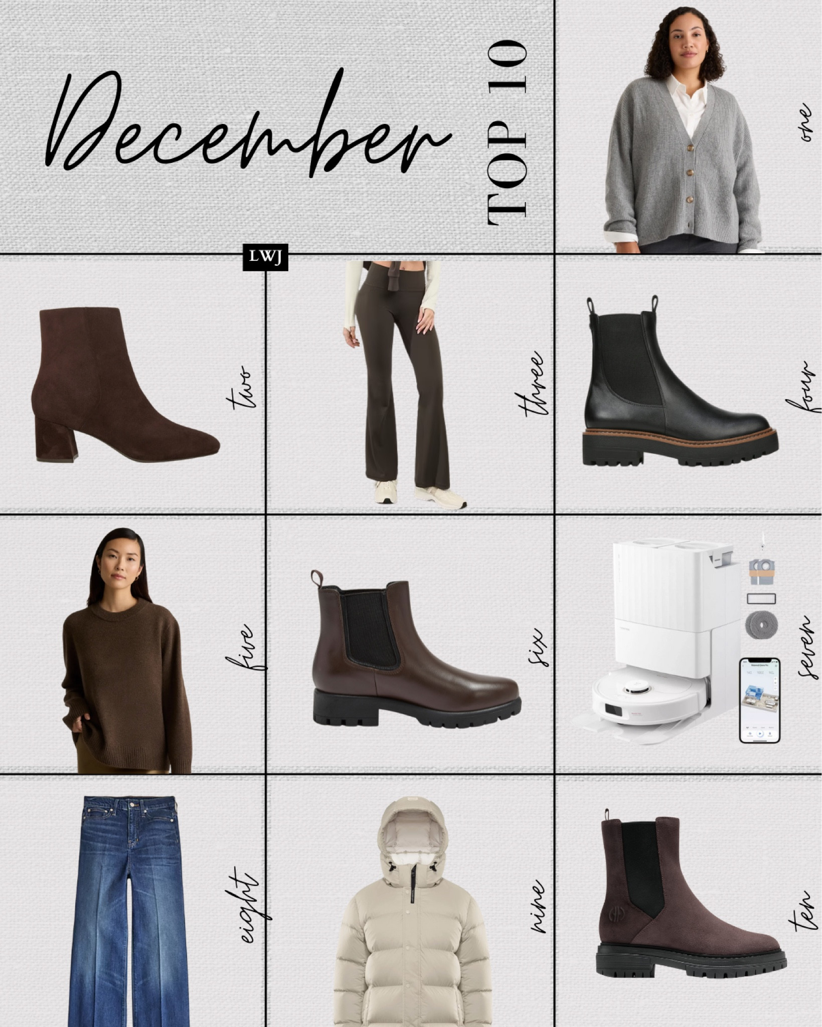 December top 10 best sellers

1. Quince oversized cashmere cardigan - nursing friendly, very warm 
2. Blondo Alida suede boots 
3. Athleta flare leggings.
4. Sam Edelman waterproof Chelsea boots - might go to boots, they have a narrow opening, so this may be best suited if you have thinner ankles
5. Quince oversized cashmere sweater
6. Lands and classic Chelsea boots - have a wider opening, so these would be great if you have wider ankles
7. Roborock vacuum and mop - I recently got this during cyber Monday and I’ve been loving it!
8. Jcrew denim trousers - one of the best elevated jeans 
9. Aritzia super puff - available in multiple styles and colors! I highly recommend this for winter months
10. Cole Haan Chelsea boots

#LTKShoeCrush #LTKSeasonal