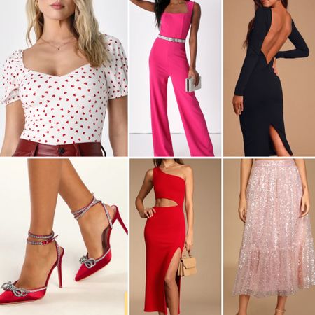Lulus style, valentines day outfit, red dress, pink skirt, heart print top, red heels, sequin skirt, black dress, pink jumpsuit 

#LTKstyletip #LTKFind