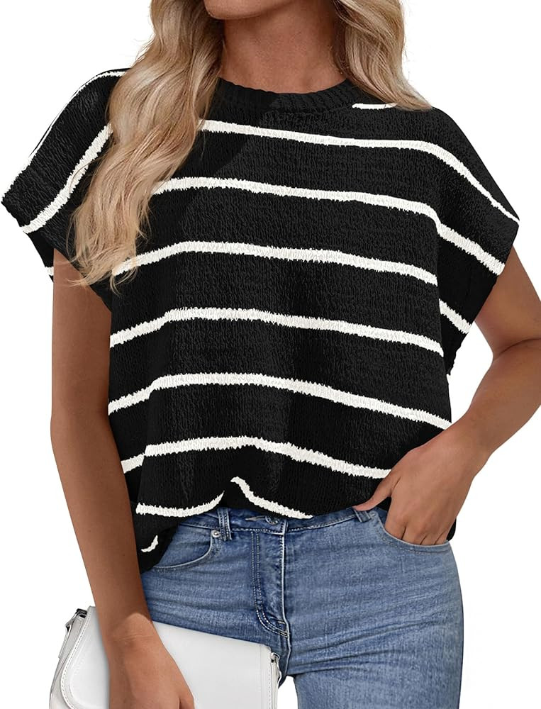 PRETTYGARDEN Womens Summer Short Sleeve Tops 2026 Trendy Crew Neck Striped Knit Sweater Business ... | Amazon (US)