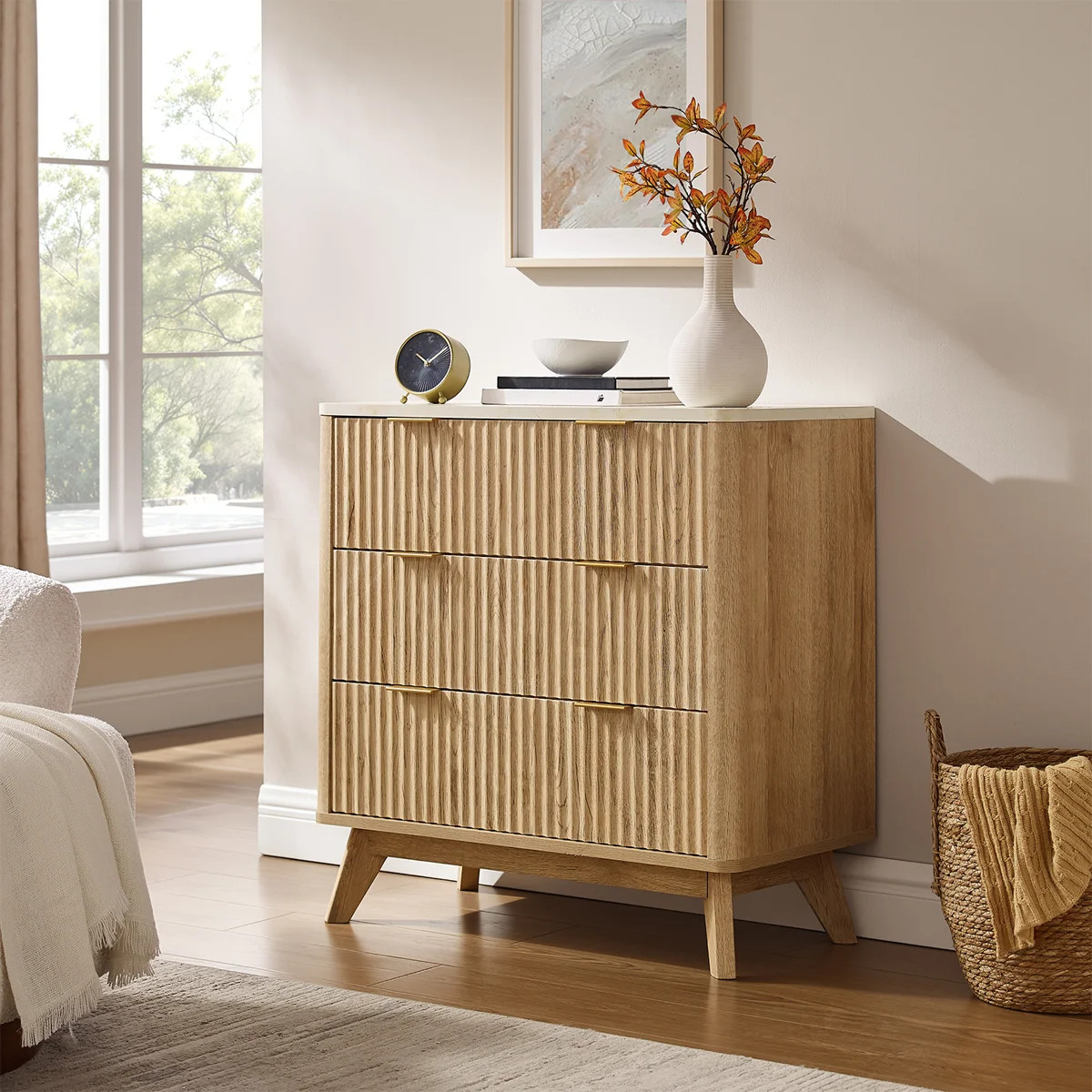 32" High Faux Marble Side Table with 3 Drawers & Fluted Design | Wayfair North America