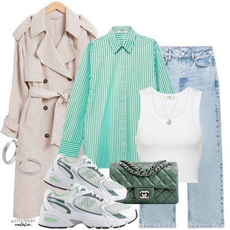 Linen trench coat, green stripe shirt, white crop top, jeans, new balance 503 trainers, silver jewellery & Chanel handbag.
Spring outfit, light layers.

#LTKstyletip #LTKeurope #LTKSeasonal