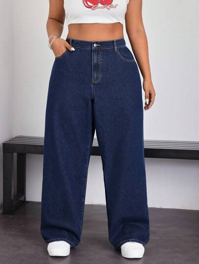 SHEIN ICON Plus Size Women's Basic Solid Color Casual Jeans | SHEIN UK | SHEIN