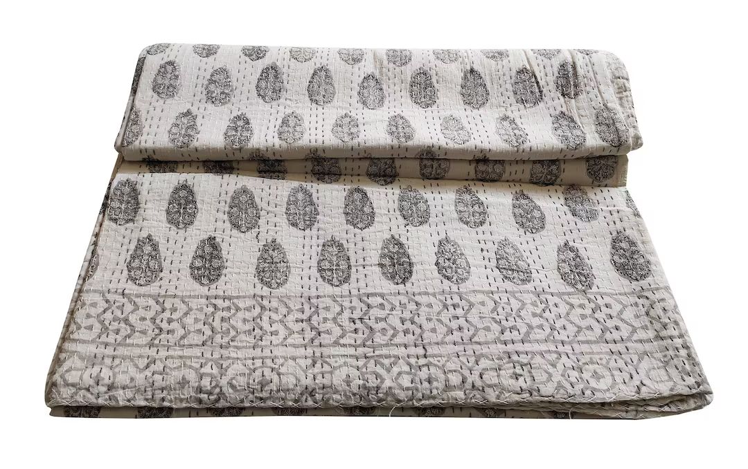 Indian kantha quilt handmade kantha bed cover throw cotton blanket gudari handmade printed Indian... | Etsy (US)
