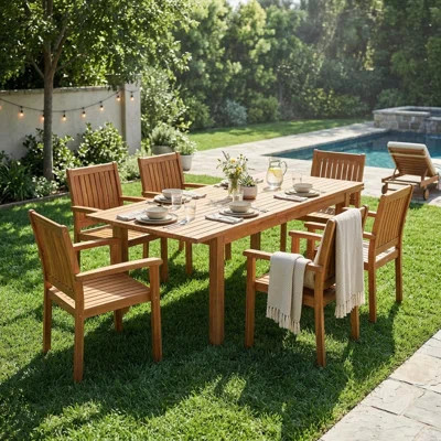 7 Pieces Acacia Wood Outdoor Dining Set With 6 Chairs And 1 Large Table, For Lawn, Backyard, Garden Deck, And Poolside | Wayfair North America