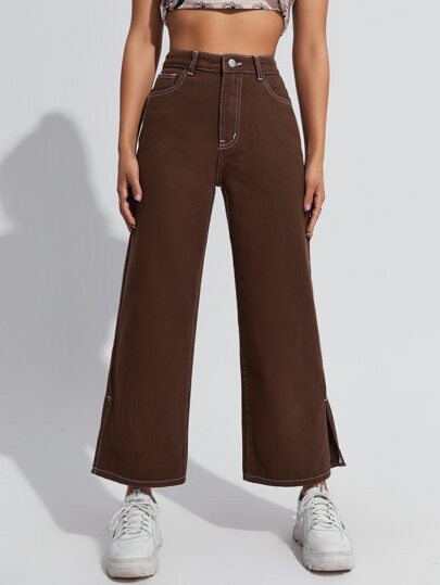 High Waist Slit Hem Wide Leg Cropped Jeans | SHEIN