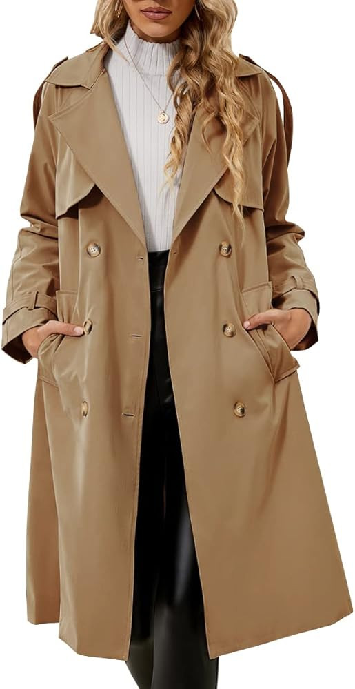 Fangetey Women's Double Breasted Classic Long Trench Coat Lapel Slim Casual Waterproof Overcoat w... | Amazon (US)
