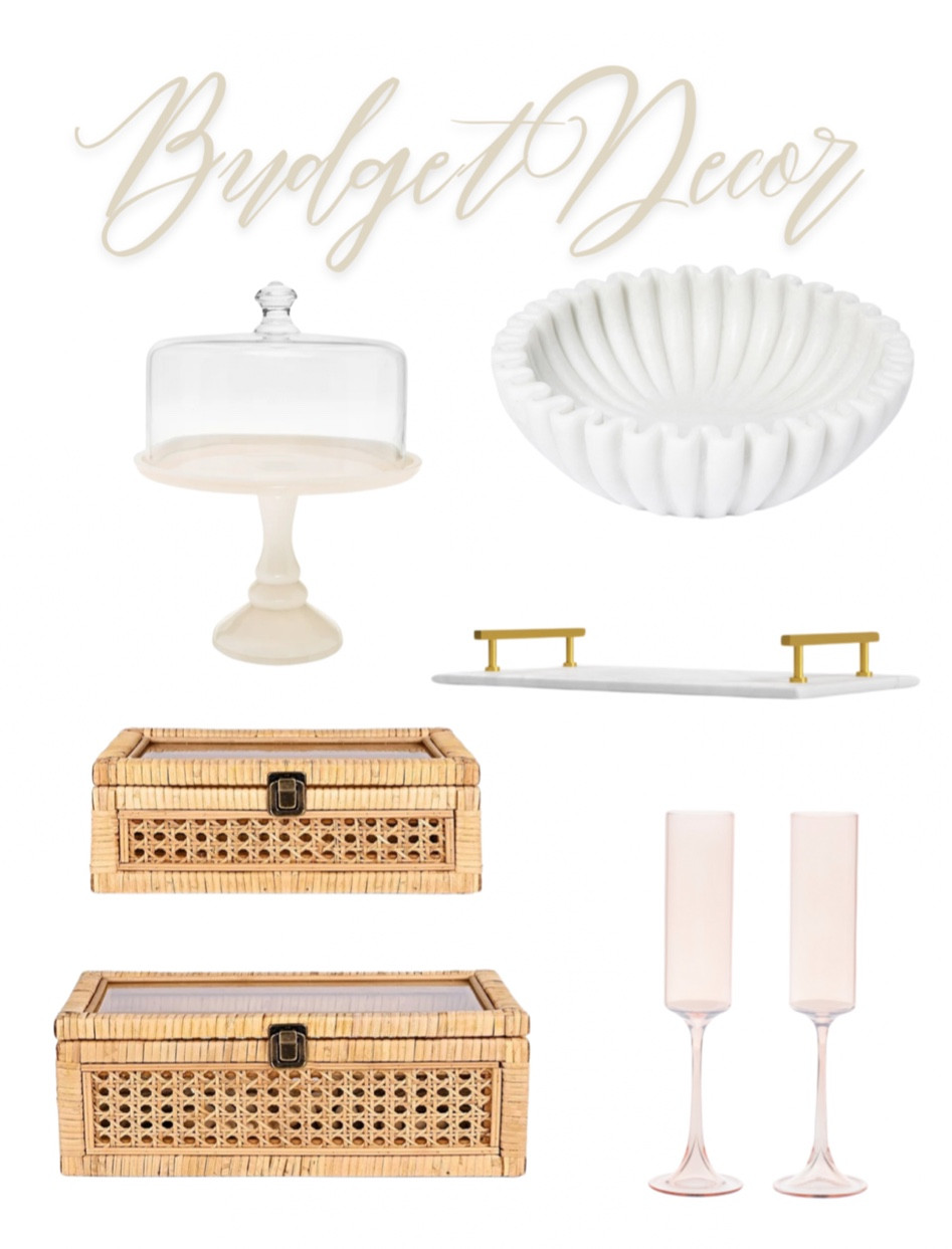 Budget home decor and kitchen finds
Interior accessories 
Decorative boxes, champagne glasses, marble tray with gold handles, cake stand, ruffle bowl 