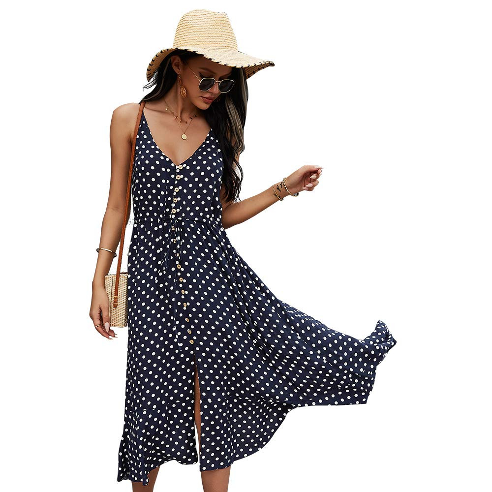 Women's Polka Dots Spaghetti Strap Button Swing Dress Boho Sleeveless Beach Dress | Amazon (US)