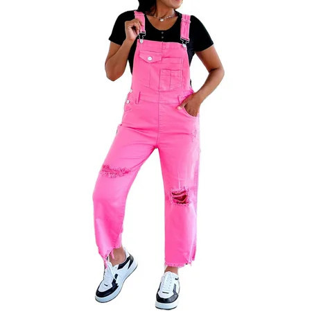 Comfortable and Stylish: Pocketed Distressed Denim Overall for Women - [ZhiHiMeRi] | 14 Bonbon | Walmart (US)