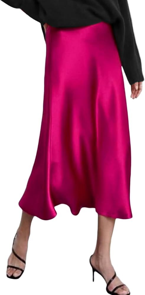 Zeagoo Womens Midi Skirt High Waisted Solid Satin Dress Zipper Elegant Work Skirts | Amazon (US)