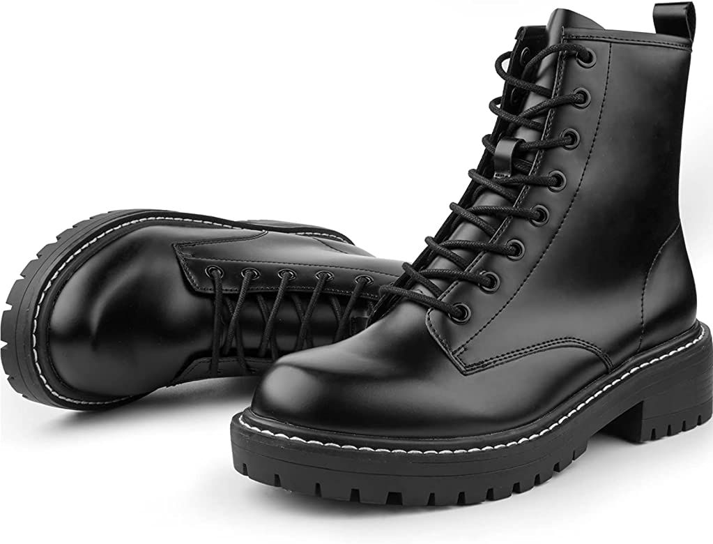 ICHIGO Women Fashion Ankle Booties Causal 8-Eye Side Zipper Lace-up Waterproof Combat Boots | Amazon (US)