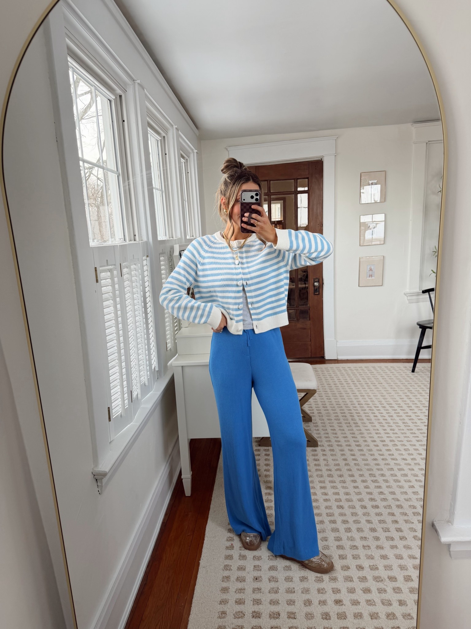 Target comfy mom outfit 
Blue stretchy pants size S
Stripe cardigan size M 

#LTKSeasonal #LTKootd #LTKgrwm