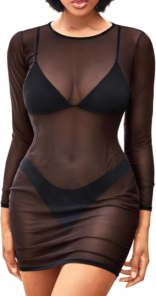 Daci Women's Sexy Sheer Mesh Swimsuit Cover up with Long Sleeves Beach Dress Bodycon Style | Amazon (US)