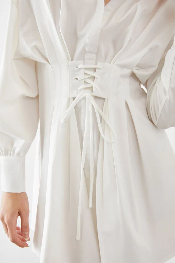 Adalie White Cinched Waist Shirt Dress | J.ING