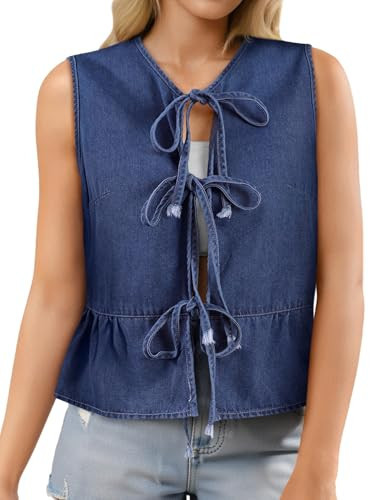 SOFIA'S CHOICE Women Tie Front Denim Vest Ruffle Hem Peplum Jean Sleeveless Tank Top Blue Medium | Amazon (US)