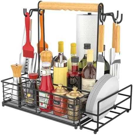 Large Grill Caddy with Paper Towel Holder & Side Hooks, All-in-One BBQ Tool Organizer with Adjust... | Amazon (US)