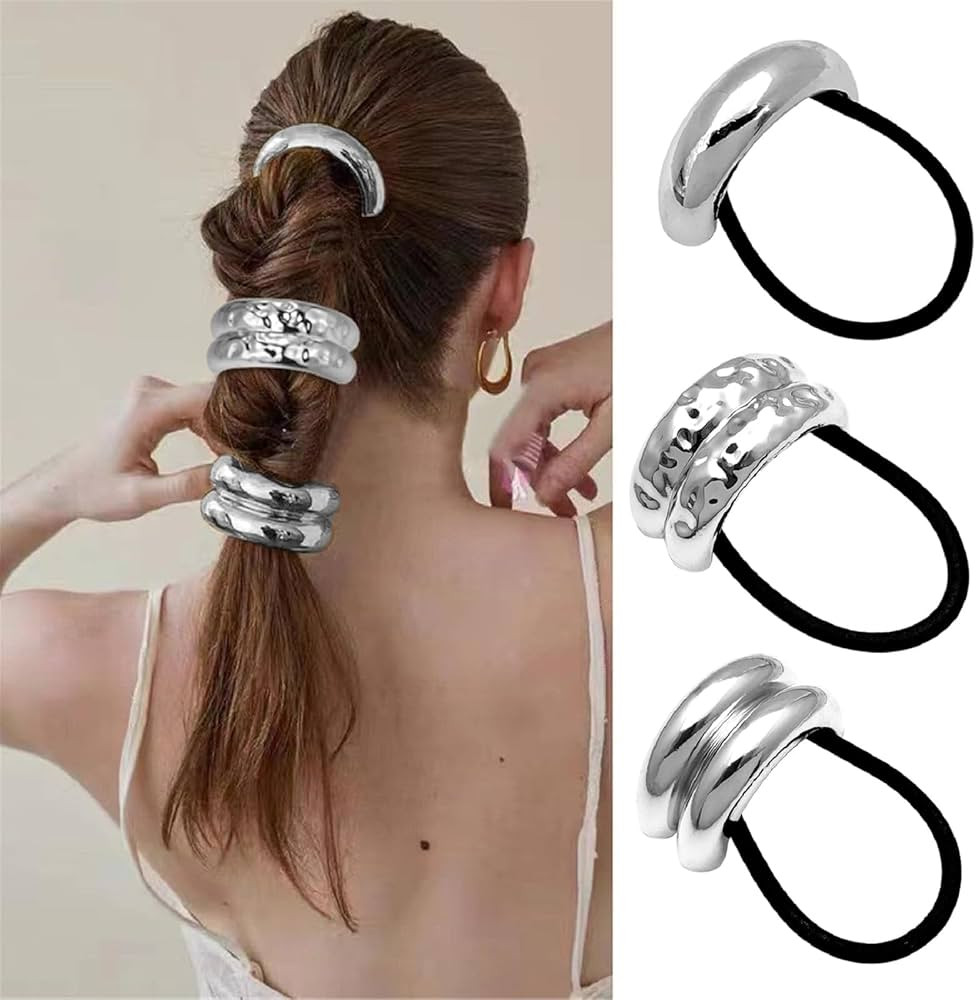 papasgix 3 PCS Metal Hair Tie, Ponytail Hair Cuff, Gold Hair Cuff, Gold Ponytail Cuff Silver Meta... | Amazon (US)