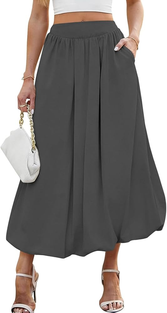 Poetsky Women's Summer Bubble Maxi Skirt Elastic Waist Puffy Hem A-Line Long Skirt with Pockets | Amazon (US)
