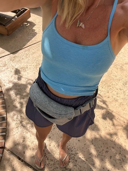 OOTD - blue workout tank - fanny pack - shorts - flip flops 