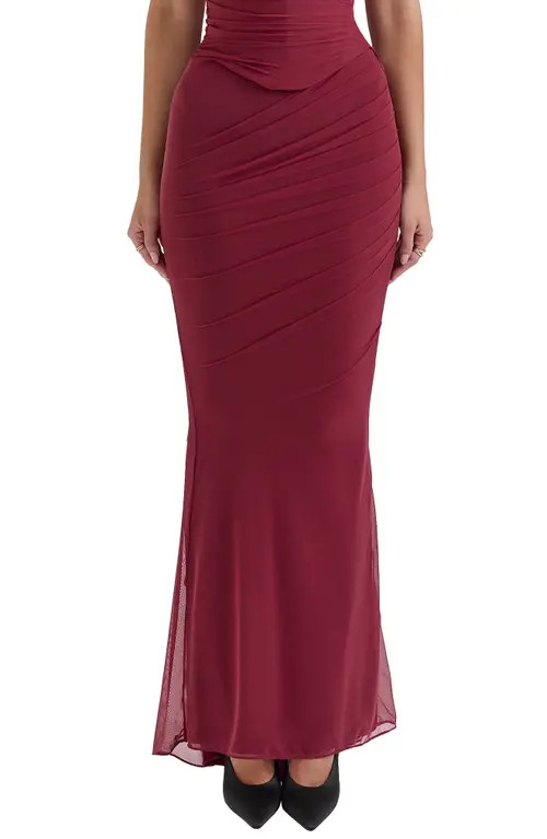 HOUSE OF CB Cassidy Ruched Maxi Skirt in Cabernet at Nordstrom, Size Large | Nordstrom