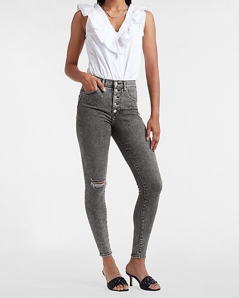 High Waisted Black Ripped Button Fly Skinny Jeans | Express