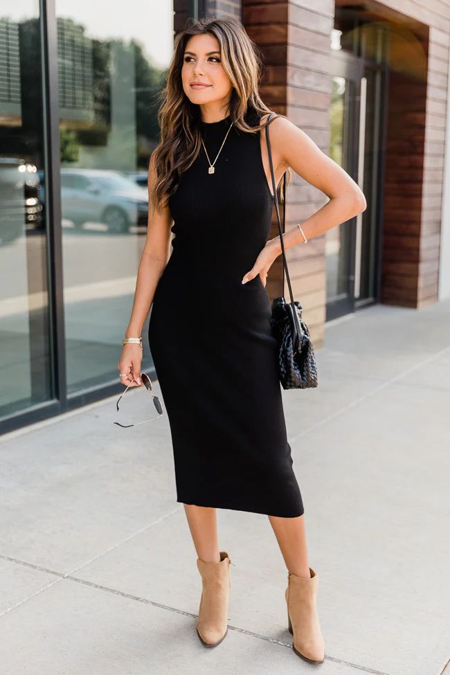 Sparks Fly Black Mock Neck Ribbed Midi Dress | The Pink Lily Boutique