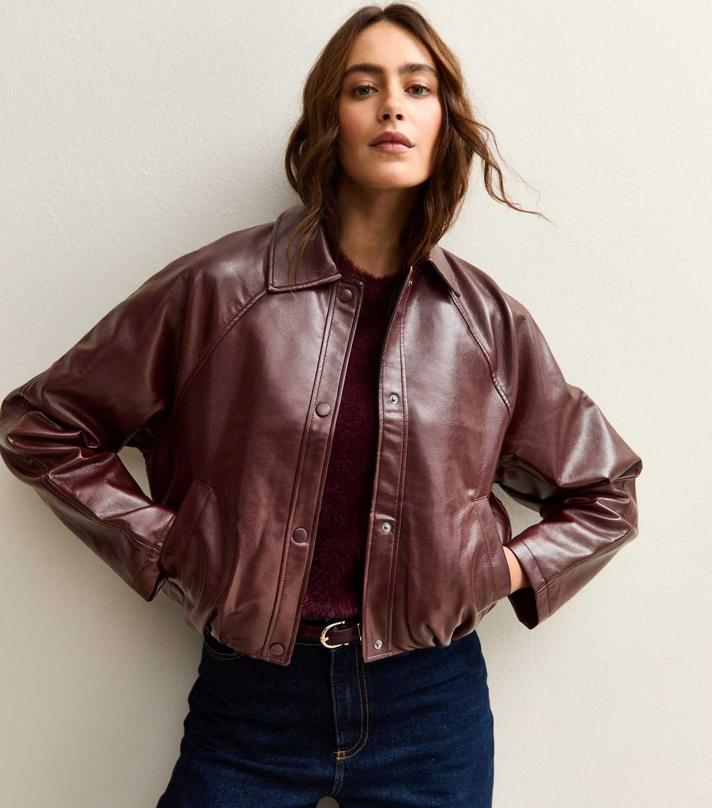 Dark Burgundy Bubble Hem Faux Leather Jacket | New Look | New Look (UK)