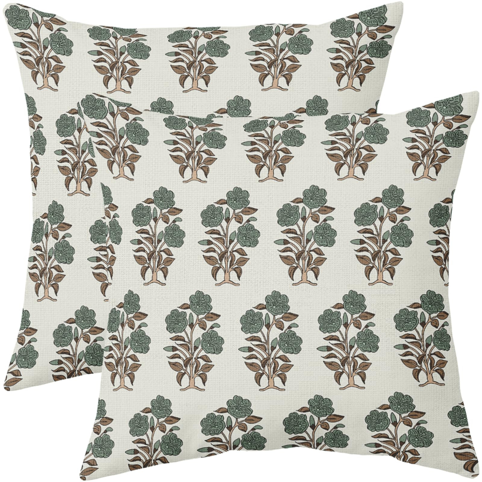 Brown Green Floral Block Print Pillow Covers 18x18 Set of 2 Chinoiserie Flower Leaves Outdoor Dec... | Amazon (US)