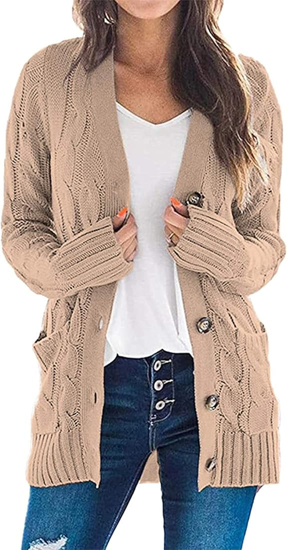 PRETTYGARDEN Women's Open Front Cardigan Sweaters Fashion Button Down Cable Knit Chunky Outwear C... | Amazon (US)