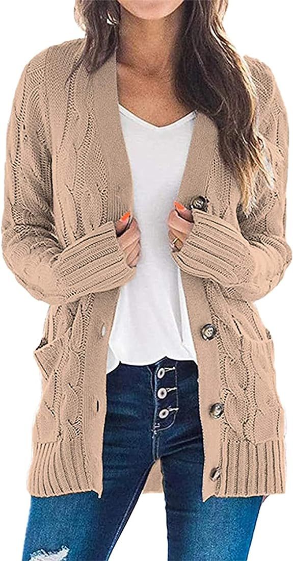 PRETTYGARDEN Women's Open Front Cardigan Sweaters Fashion Button Down Cable Knit Chunky Outwear C... | Amazon (US)