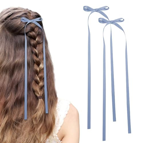 Bow Hair Clips,2 PCS Blue Hair Bows Tassel Hair Ribbons,Long Hair Bow Satin Hair Clip Ribbon Accessories for Women Valentine's Day (Blue) | Amazon (US)