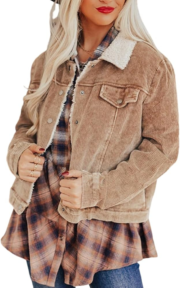 Cropped Distressed Corduroy Jacket Sherpa Lined Shacket Button Down Fleece Fur Collar Winter Coat... | Amazon (US)