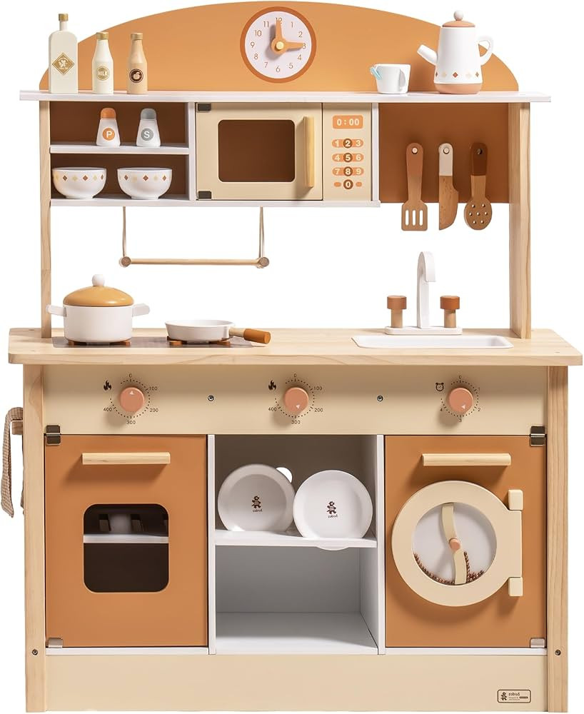 ROBUD Wooden Play Kitchen for Kids Toddlers, Kids Kitchen Playset with Realistic Accessories, Toy... | Amazon (US)