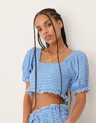 ASOS DESIGN puff sleeve milkmaid top co-ord in light blue gingham | ASOS | ASOS (Global)