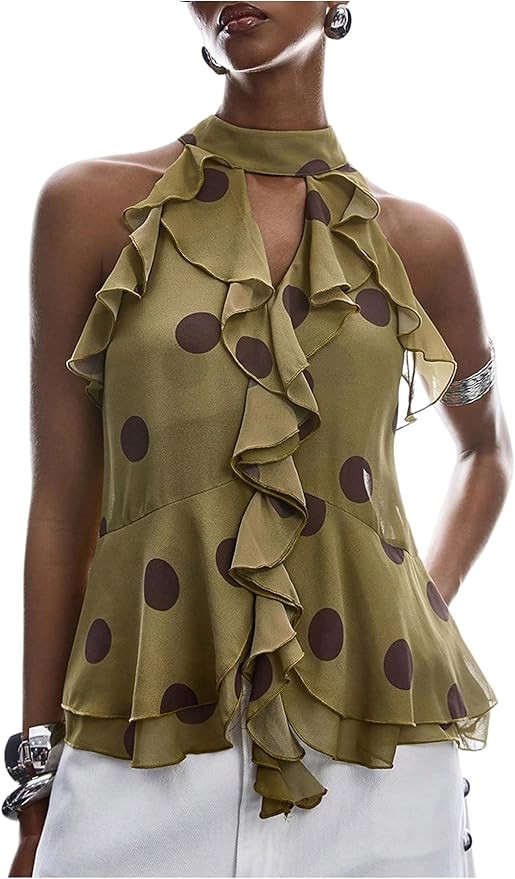 GORGLITTER Women's Mesh Halter Flowy Tank Tops Ruffle Chiffon Cut Out Brunch Dinner Keyhole Crop ... | Amazon (US)