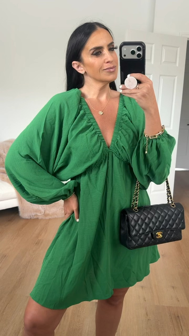 V Neck Puffy Sleeve Mini Dress 
Any Size , Multiple Colors 