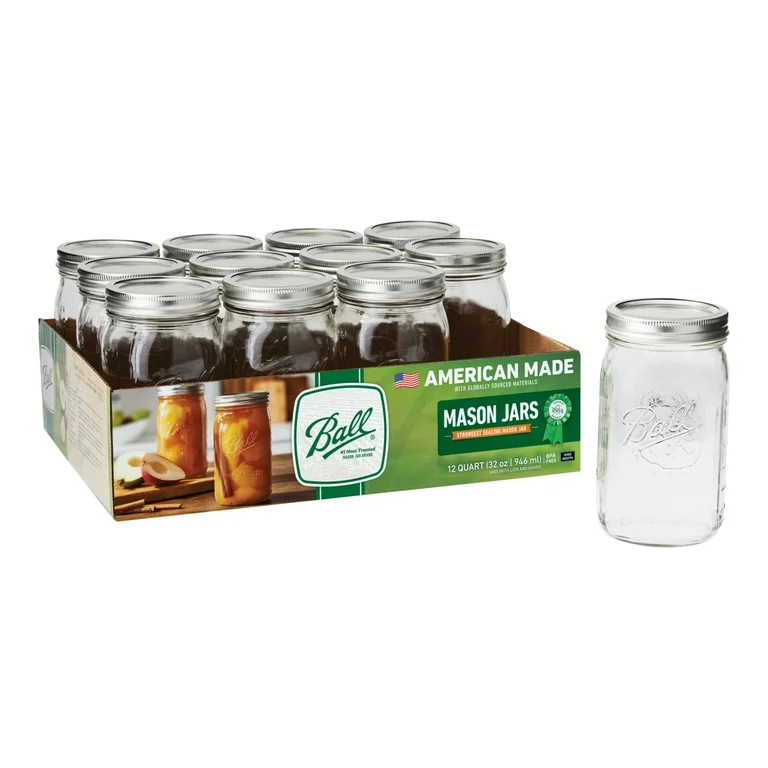 Ball 32 oz Mason Jars, Wide Mouth Quart Canning Jars with Lids and Rings, 12-Pack Large Glass Jar... | Walmart (US)