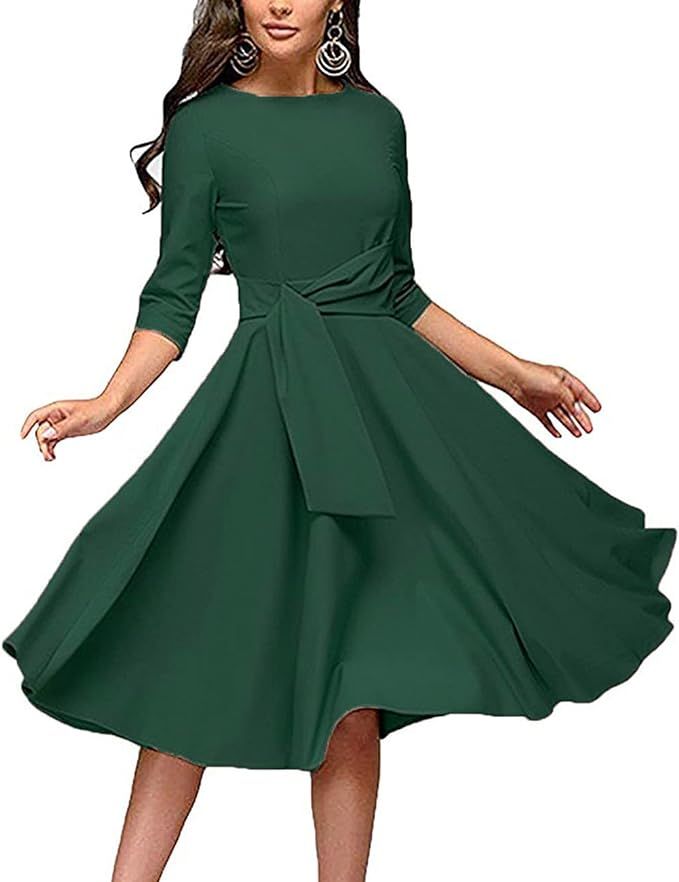 Women's Elegance Audrey Hepburn Style Ruched Dress Round Neck 3/4 Sleeve Swing Midi A-line Dresse... | Amazon (US)