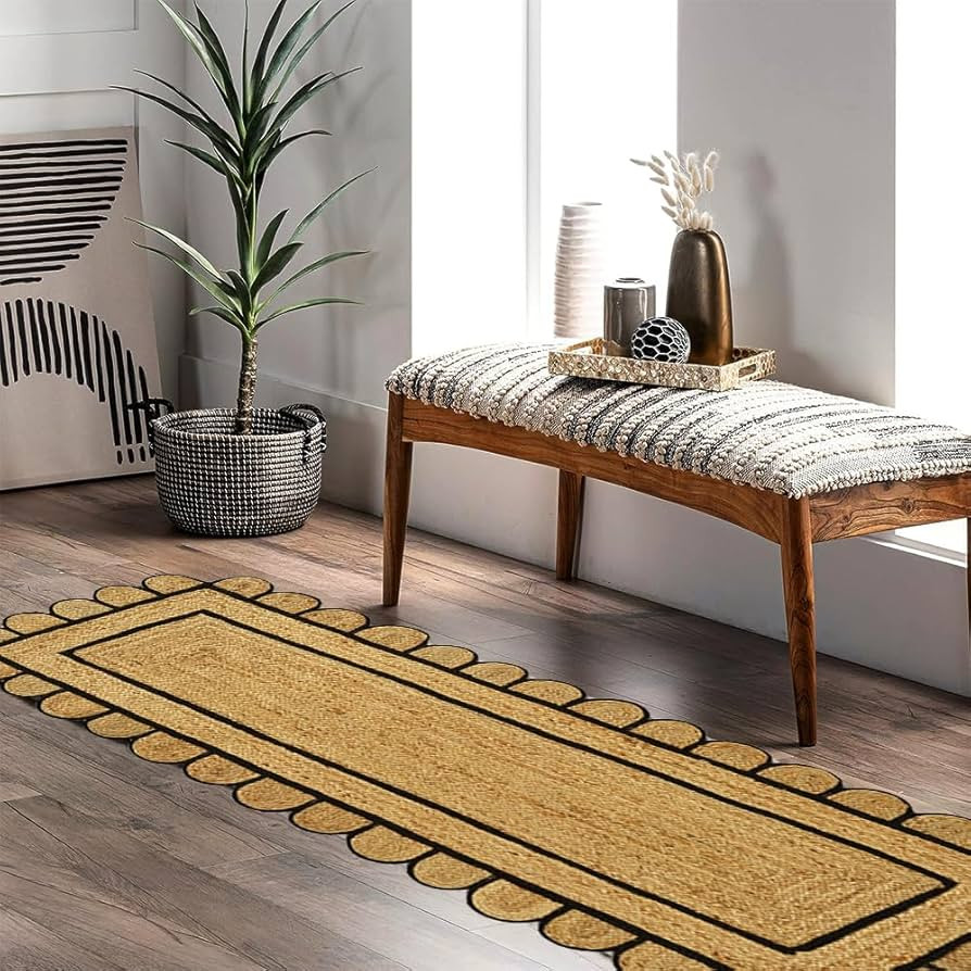 GRUHUM Scalloped Jute Area Rug 2'6"x6' ft Natural Base Black Trim Handwoven Runner Boho Reversibl... | Amazon (US)