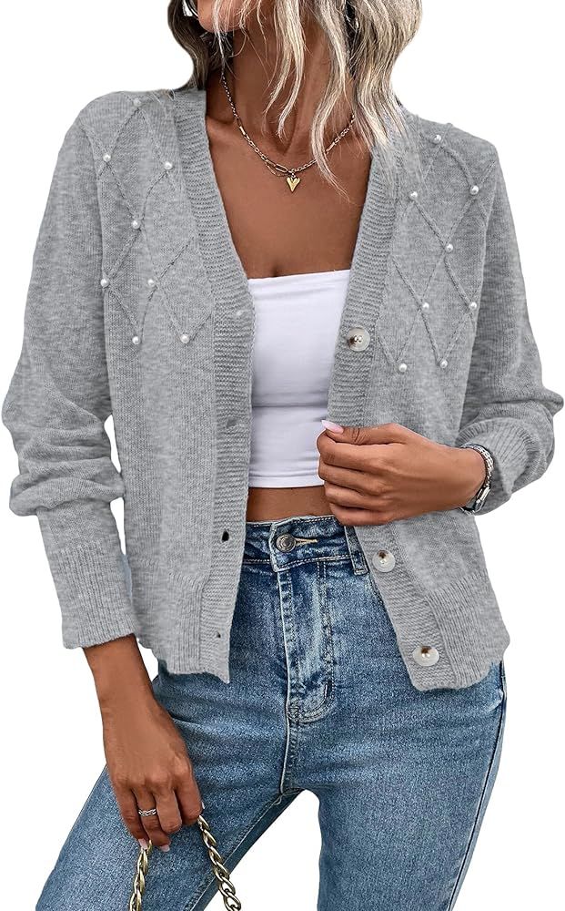 Verdusa Women's Button Front Long Sleeve Sweater Top Pearl Beaded Knit Cardigan | Amazon (US)