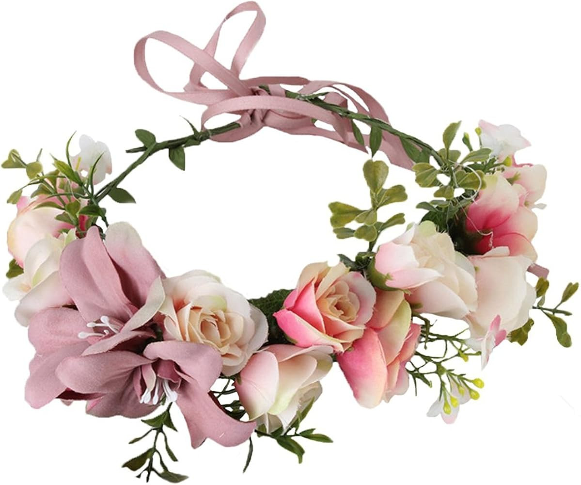 DDazzling Women Flower Headband Wreath Crown Floral Wedding Garland Wedding Festivals Photo Props | Amazon (US)