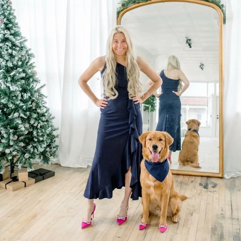 Wearing size large 


A bright, airy holiday studio bathed in soft natural light. A smiling blonde woman in a navy ruffle dress stands confidently beside her golden retriever, both wearing matching hot-pink heels for a playful, fashion-forward twist. A frosted Christmas tree and wrapped gifts create a cozy seasonal backdrop, while a large arched mirror reflects the scene, adding depth and elegance. The aesthetic blends modern minimalism with festive charm, highlighting joy, companionship, and stylish holiday magic. Perfect for a chic Christmas campaign, lifestyle branding, or a heart-warming fashion editorial.

⸻

HASHTAGS

#holidaystyle #christmasphotoshoot #petmomlife #goldenretrieverlove #festivefashion #matchingwithmydog #holidayaesthetic #winterphotoshoot #chicandclassic #navyandpink #trendyheidi #lifestylephotography #holidaymagic #dogmomlife #fashioneditorial #seasonalshoot #christmasinspo #festivestyle #studioaesthetic #dogsofinstagram #goldensofinstagram #portraitinspo #holidaycontent #winterwonderlandvibes #pinkheels

#LTKHoliday #LTKGiftGuide #LTKdayinmylife
